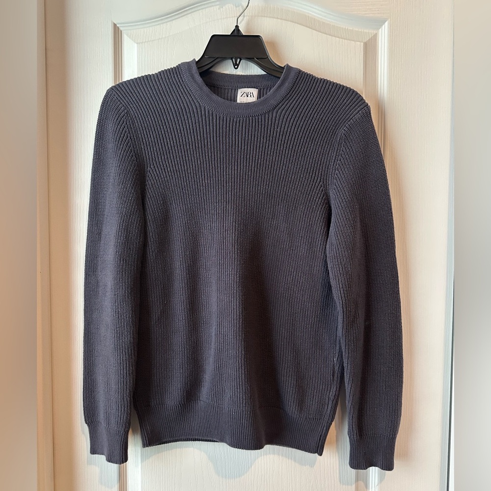 ZARA Men’s Ribbed Knit Sweater Gray Size M – Crewneck Pullover Minimalist
